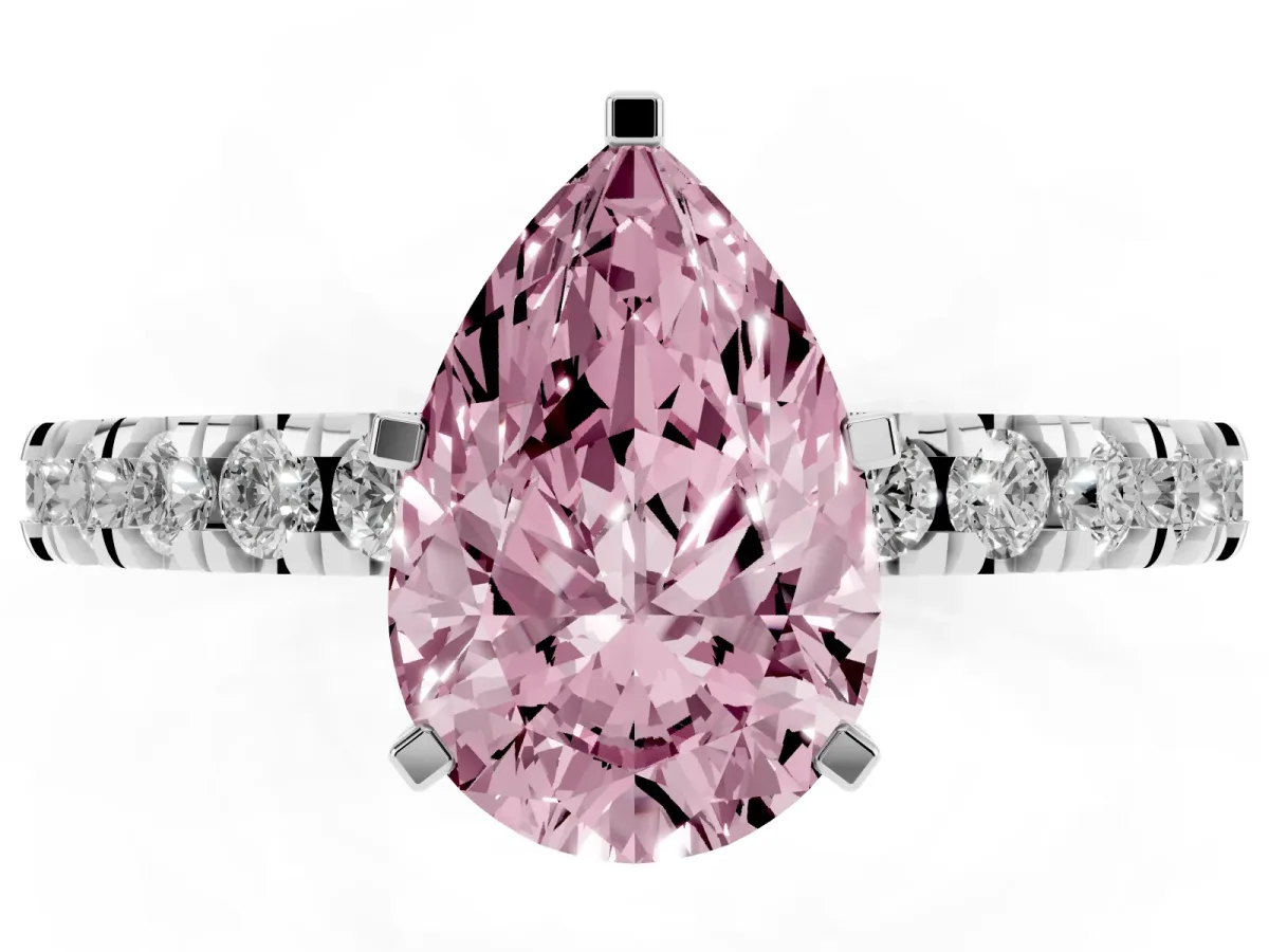 Fancy Pink Pear Cut Diamond Pavé Band Solitaire with Four-Prong Setting Silver