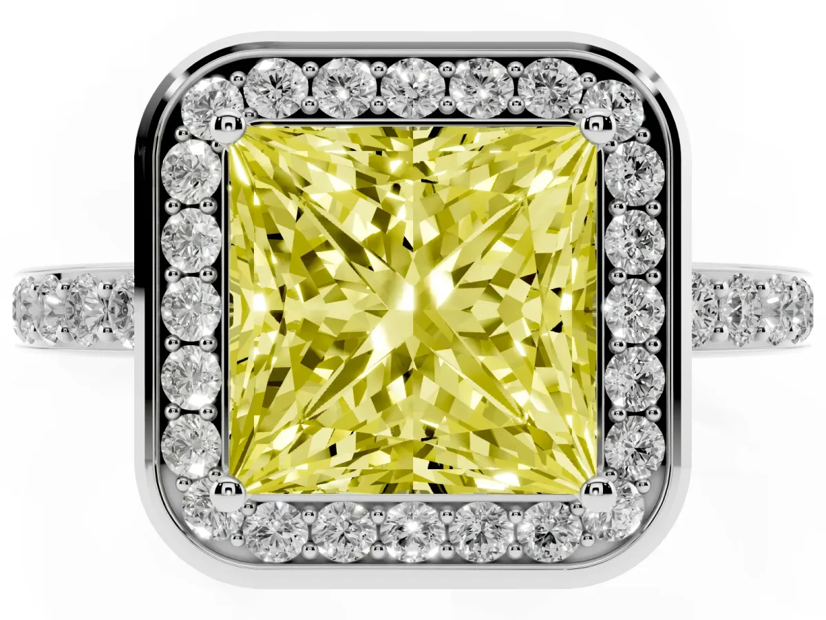 Fancy Yellow Princess Cut Diamond Halo Ring with Bezel Frame and Pavé Band Platinum