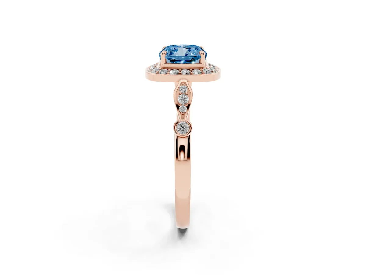 Fancy Blue Cushion Cut Halo Diamond Engagement Ring with Twisted Band and Four-Prong Setting Rose gold