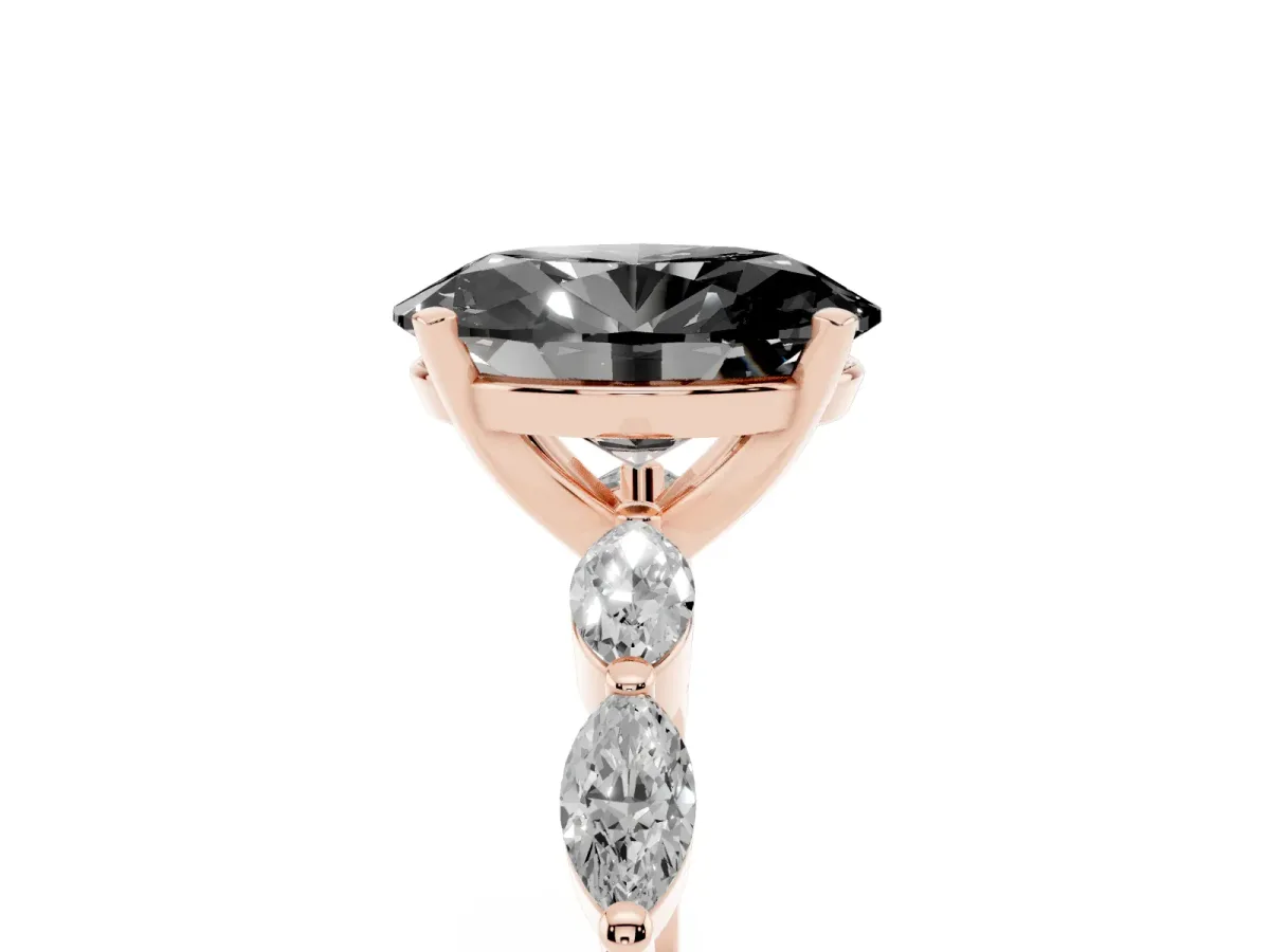 Fancy Black Oval Cut Diamond Ring with Marquise Side Stones and Prong Setting Rose gold
