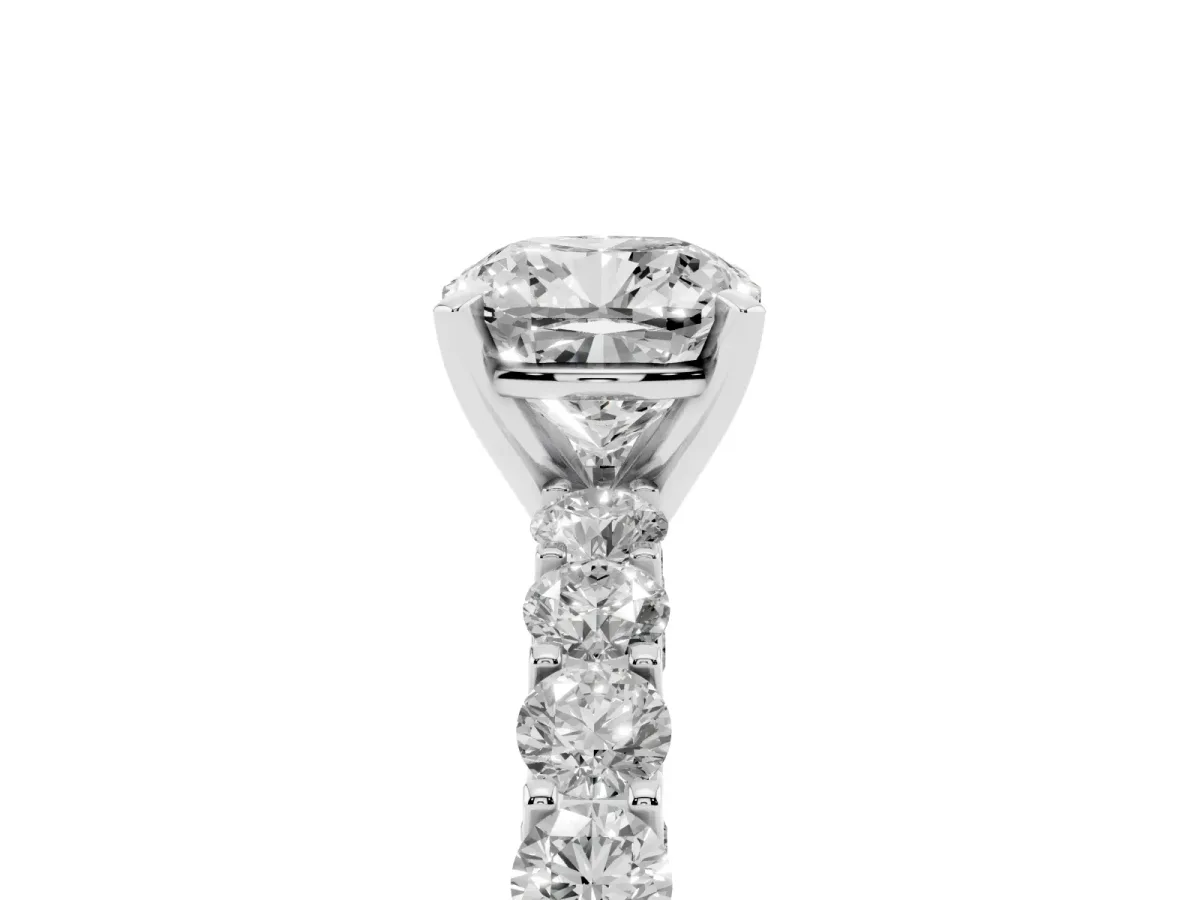 Cushion Cut Diamond Solitaire Ring with Shared Prong Pavé Band and Four-Prong Setting Silver
