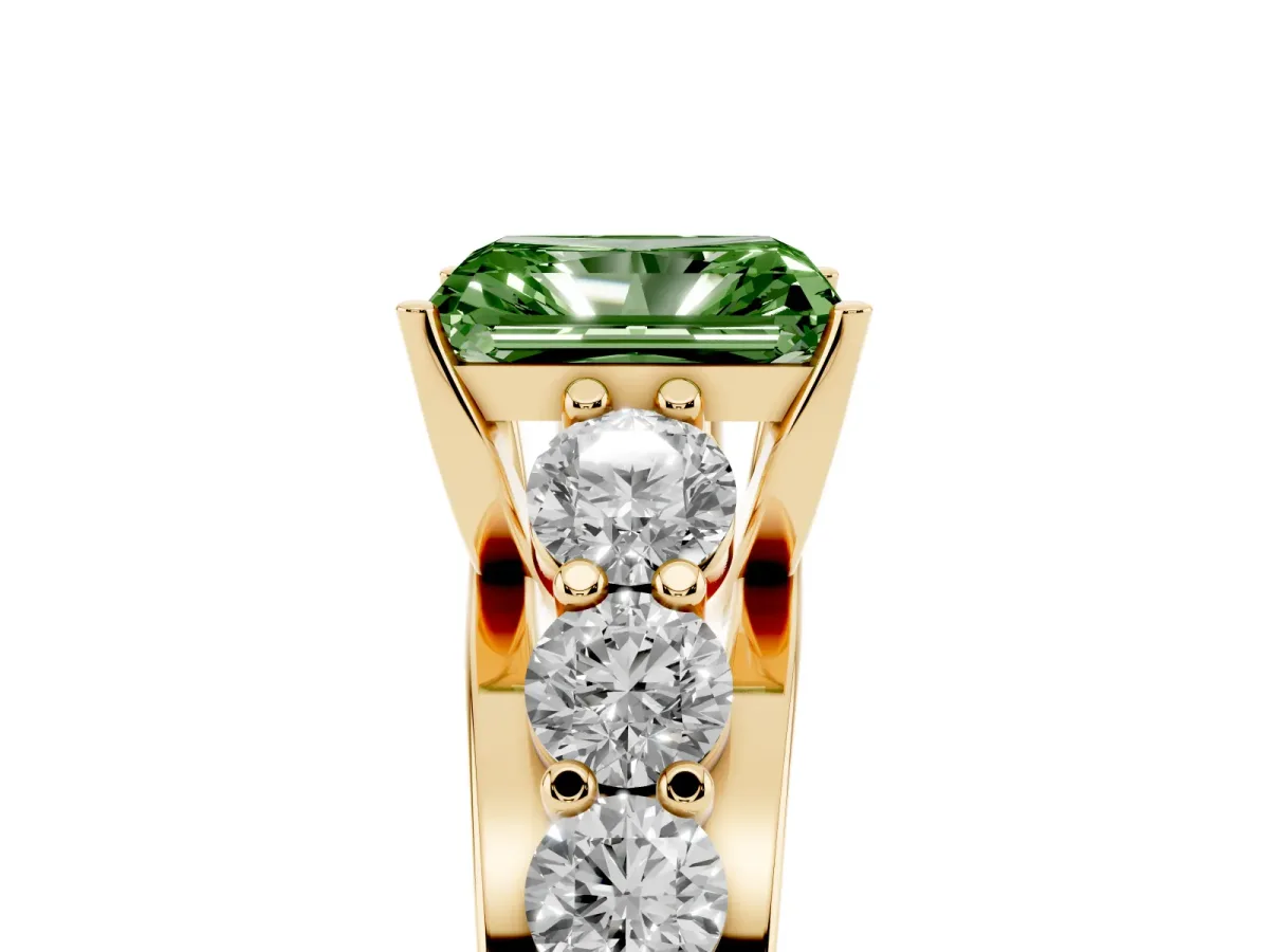 Fancy Green Radiant Cut Diamond Engagement Ring with Pavé Band and Four-Prong Setting Yellow gold
