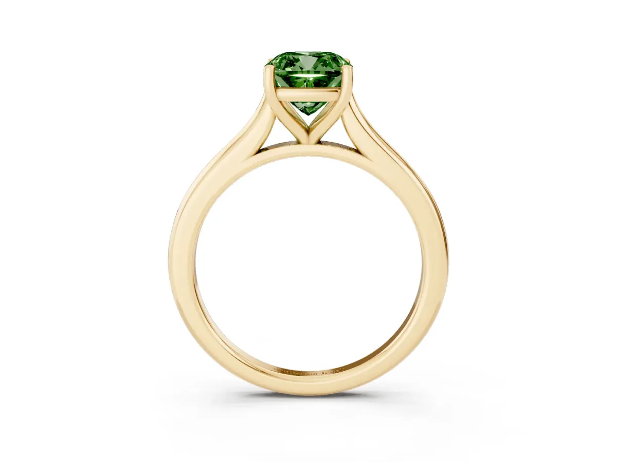 Fancy Green Cushion Cut Cut Solitaire Ring with Cathedral Band and Four-Prong Setting Yellow gold