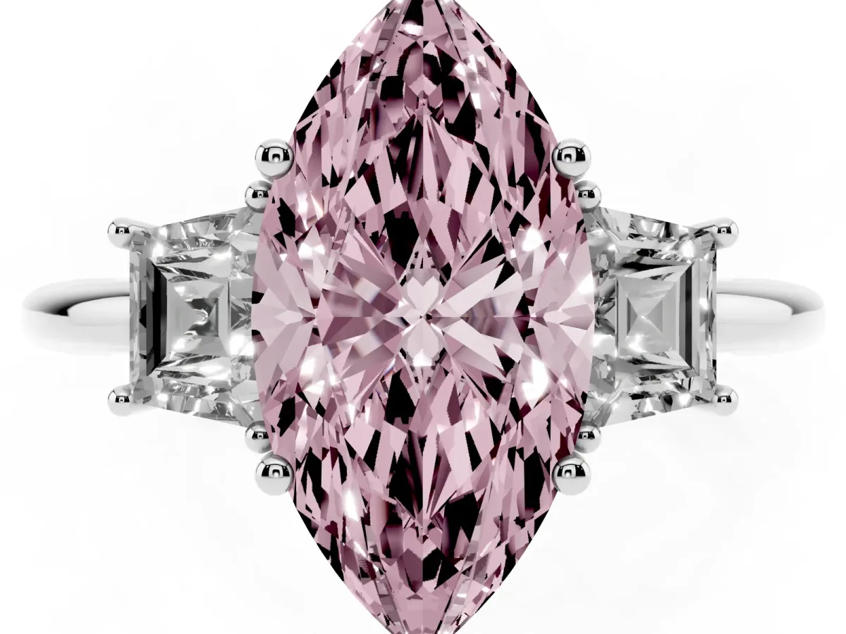 Fancy Pink Marquise Cut Diamond Three-Stone Ring with Trapezoid Side Stones and Prong Setting Silver
