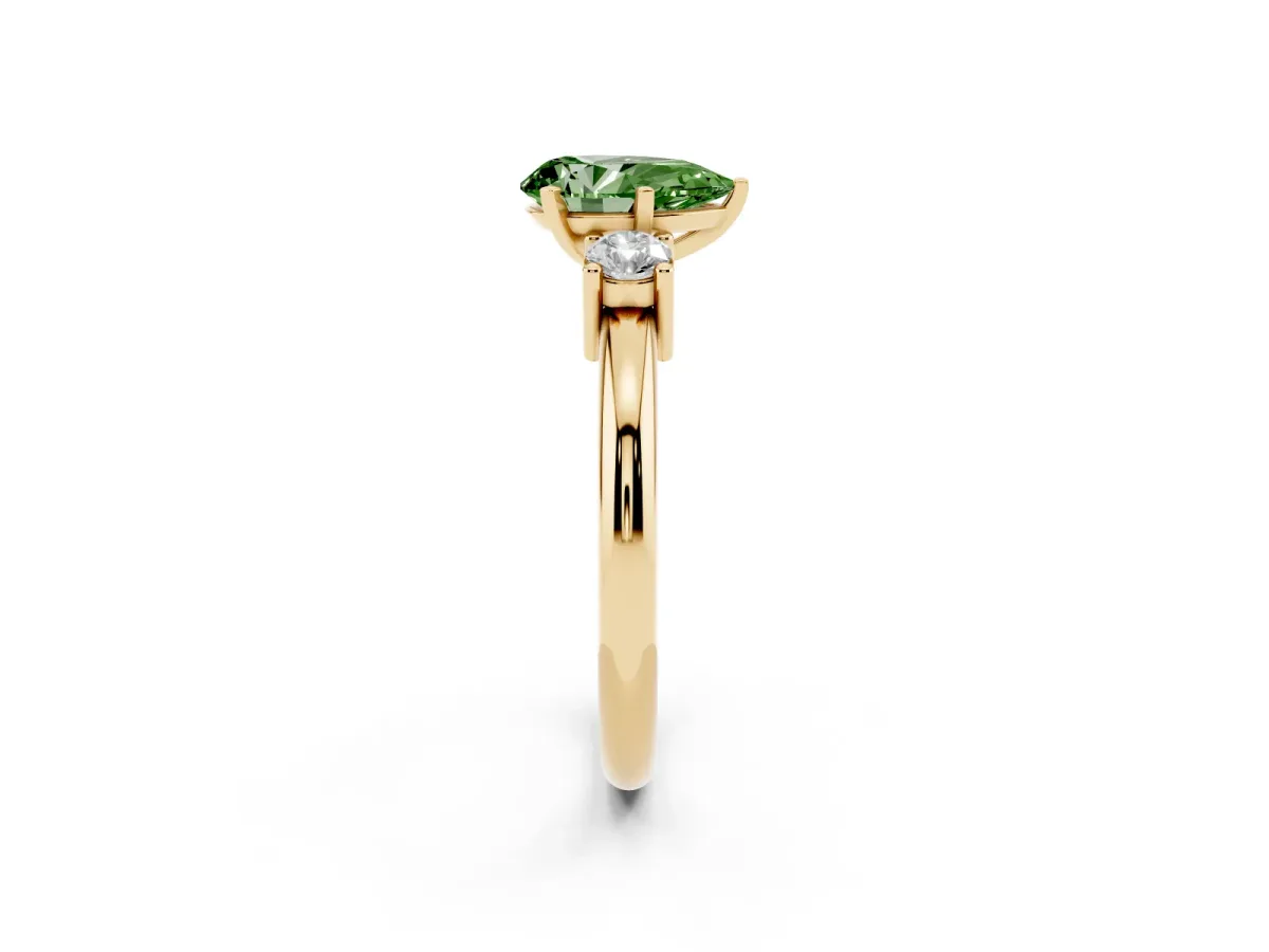 Fancy Green Three-Stone Pear Cut Cut Diamond Solitaire with Prong Setting and Classic Band Yellow gold