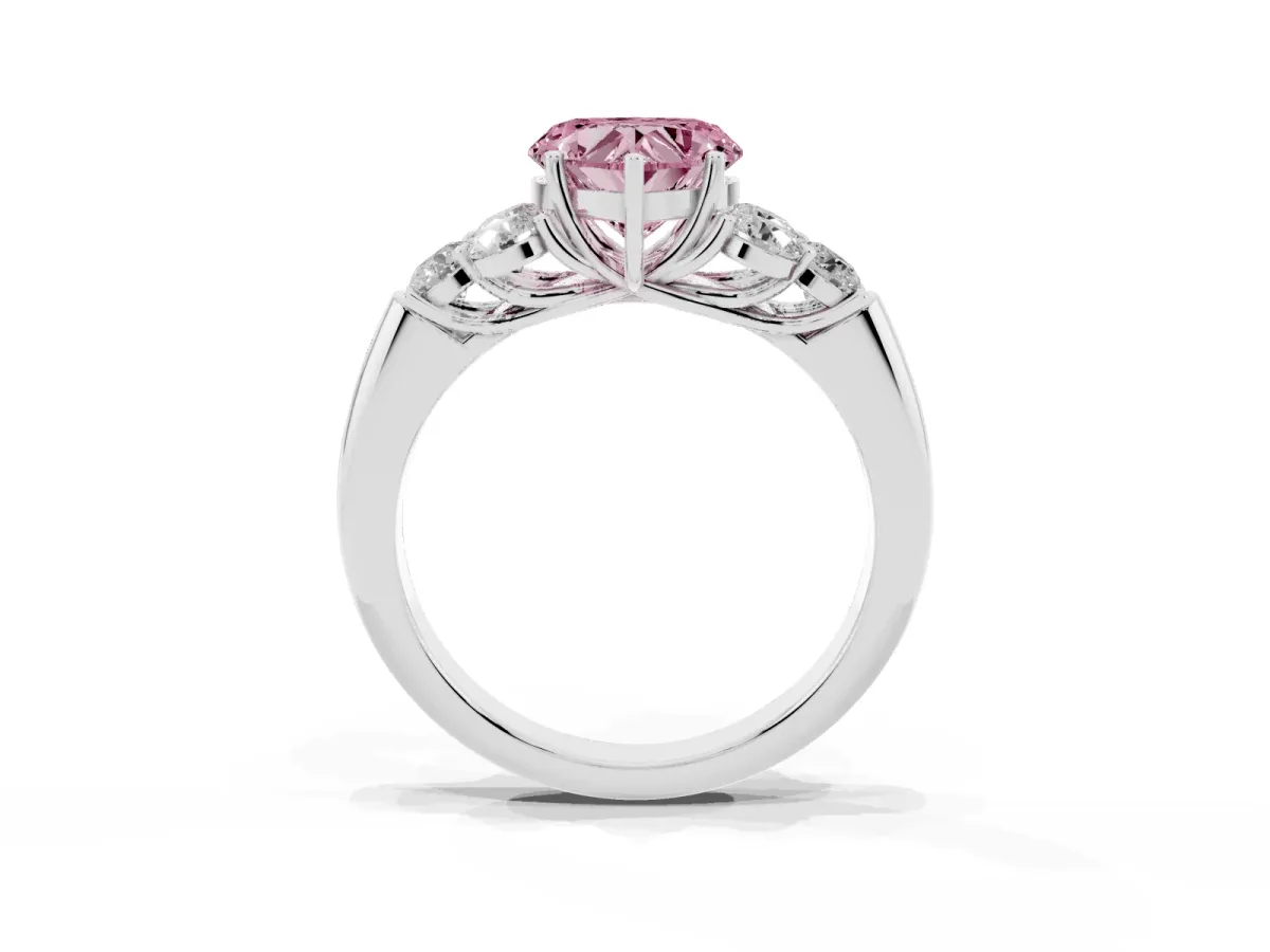 Fancy Pink Heart Cut Cut Diamond Cluster Ring with Round Accent Stones and Prong Setting on a Classic Band White gold