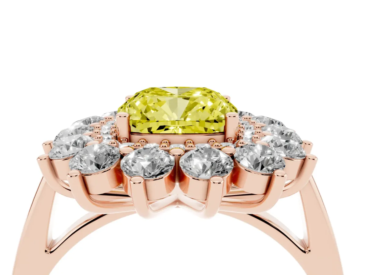 Fancy Yellow Cushion Cut Diamond Floral Double Halo Engagement Ring with Prong Setting Rose gold