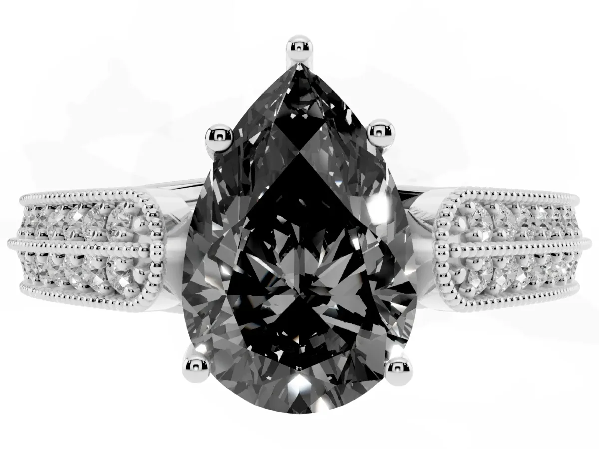 Fancy Black Pear Cut Cut Pave Split Shank Engagement Ring with Four-Prong Setting Silver