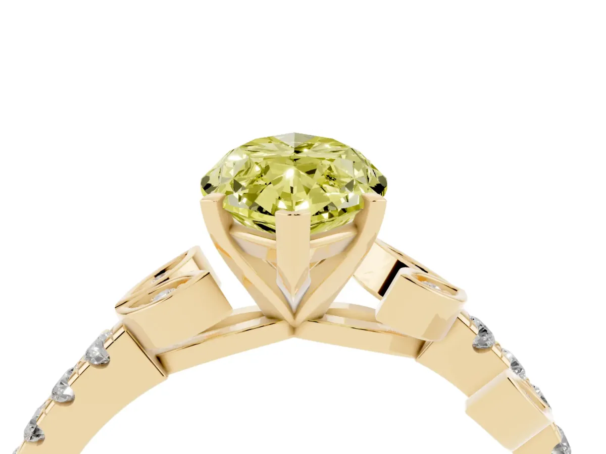 Fancy Yellow Marquise Cut Solitaire Leaf-Inspired Diamond Ring with Pavé Band and Four-Prong Setting Yellow gold