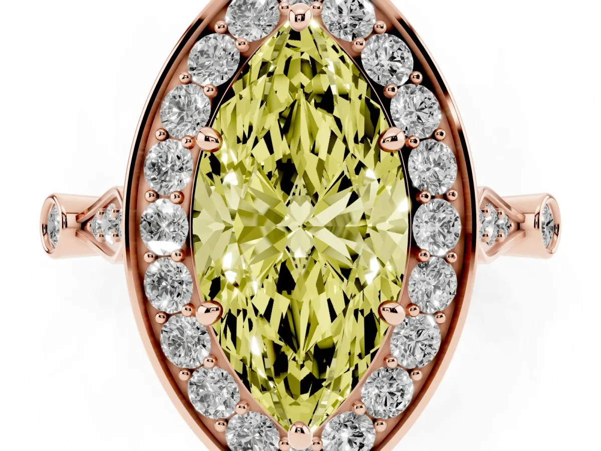 Fancy Yellow Marquise Cut Halo Diamond Engagement Ring with Twisted Band and Four-Prong Setting Rose gold