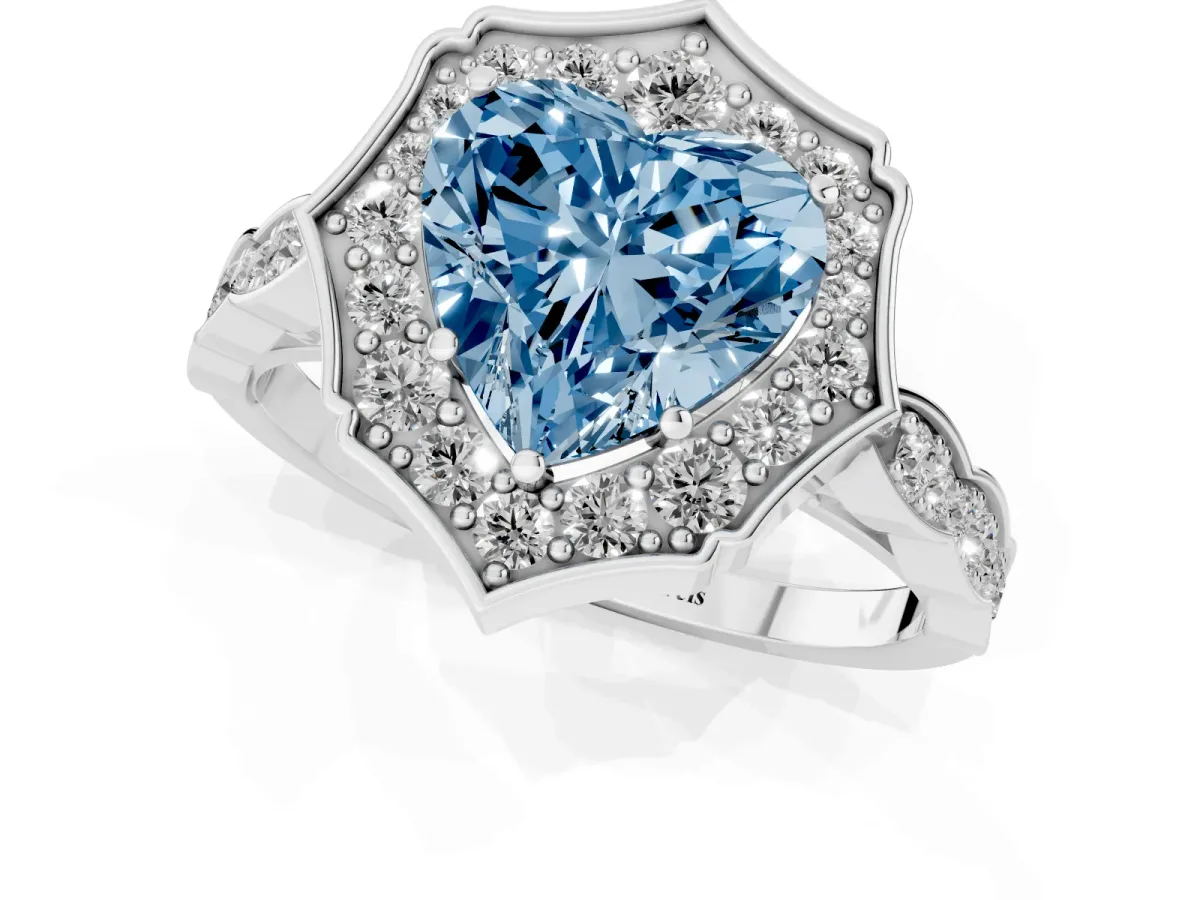 Fancy Blue Heart Cut Halo Diamond Engagement Ring with Milgrain Band and Four-Prong Setting White gold