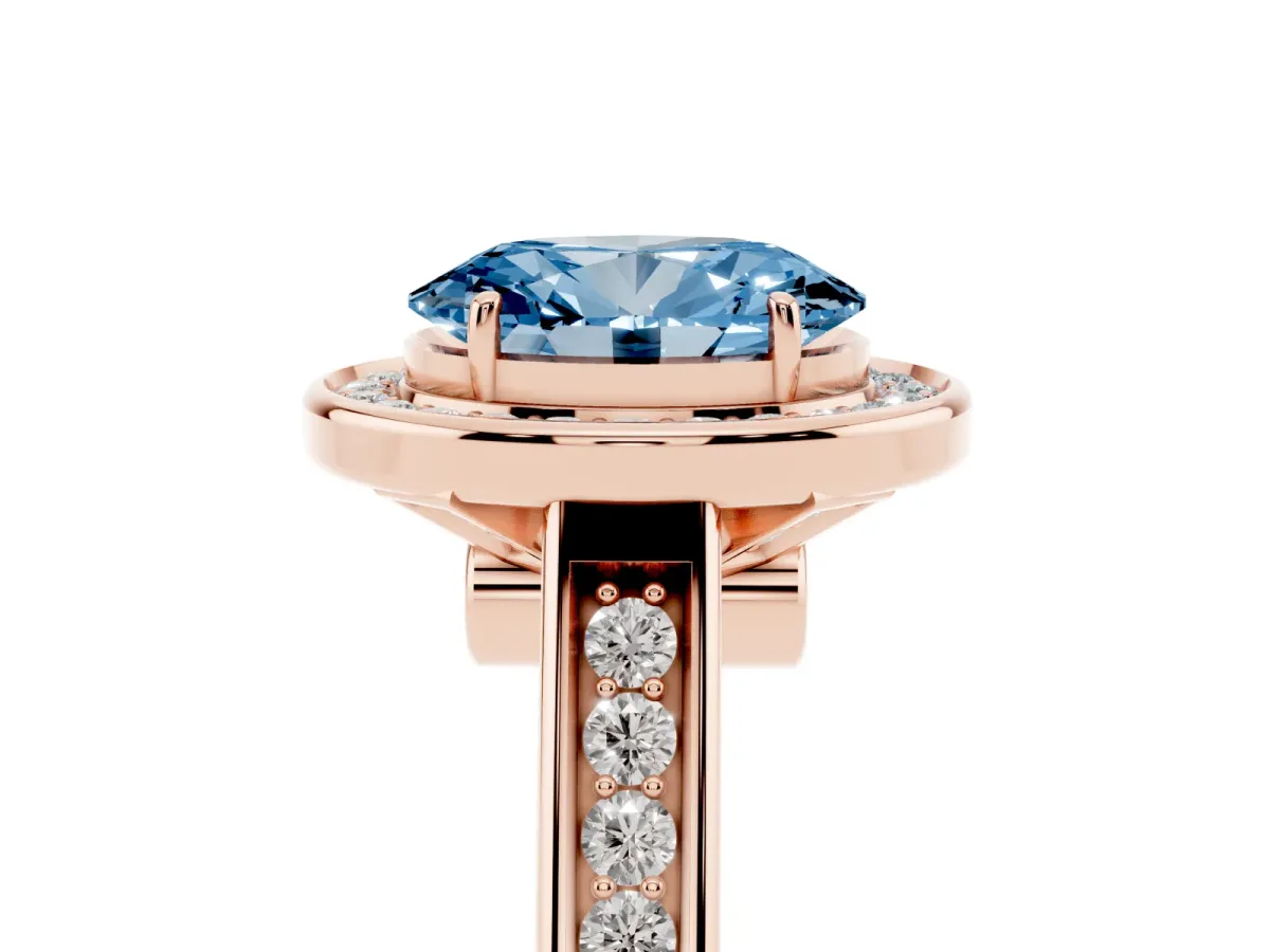 Fancy Blue Oval Cut Halo Solitaire Diamond Ring with Pave Band and Bezel Setting Rose gold