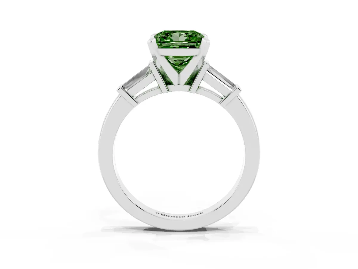 Fancy Green Princess Cut Cut Diamond Solitaire Ring with Tapered Baguette Accents and Four-Prong Setting Platinum