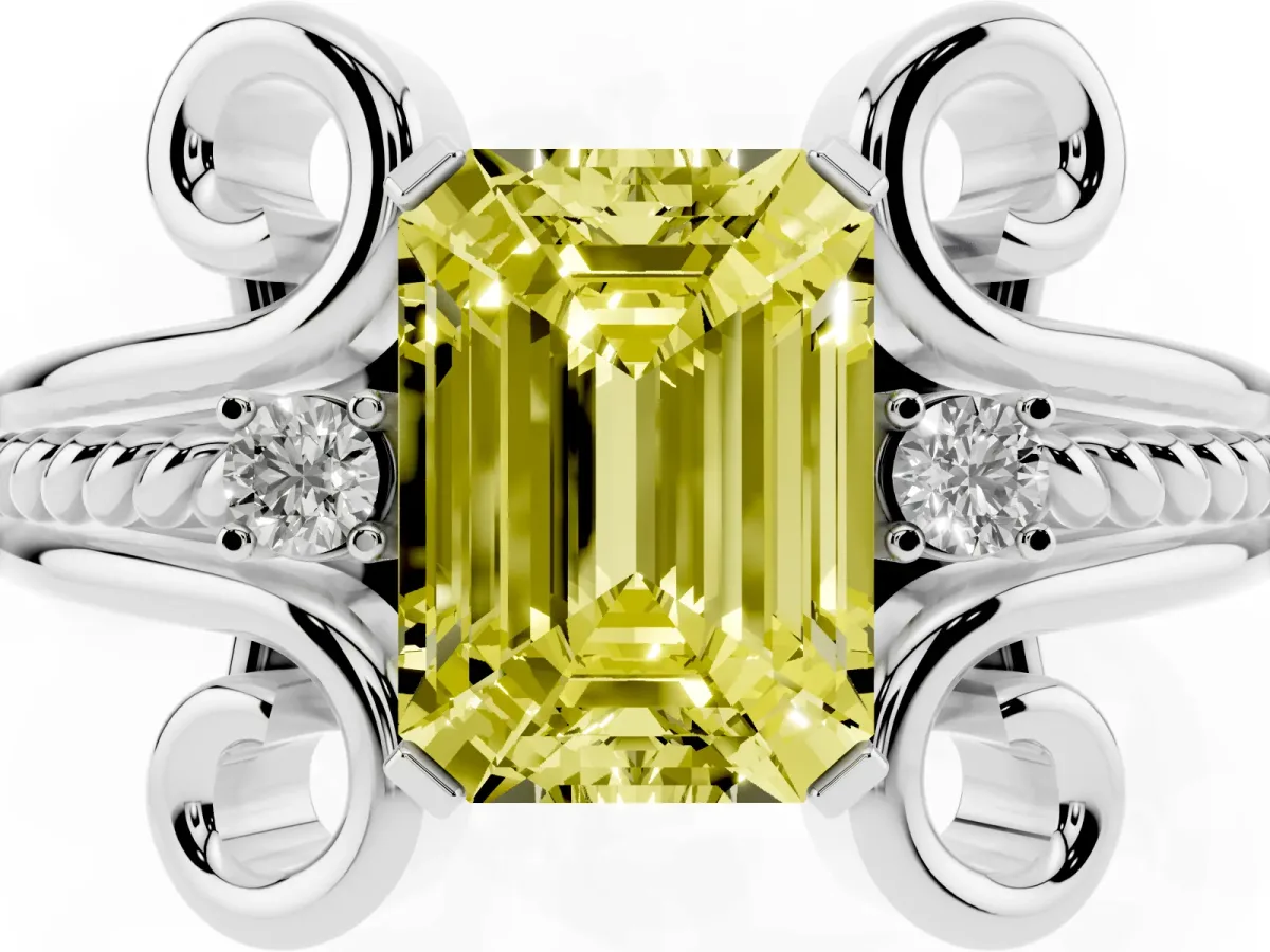 Fancy Yellow Emerald Cut Solitaire Twisted Band Scroll Prong Ring Silver