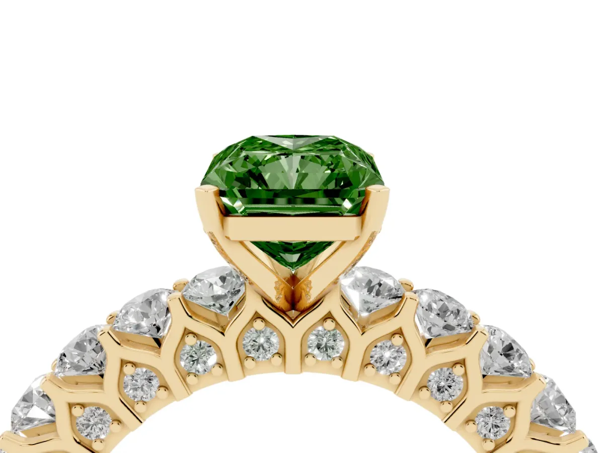 Fancy Green Radiant Cut Diamond Solitaire Ring with Shared Prong Pavé Band and Four-Prong Setting Yellow gold