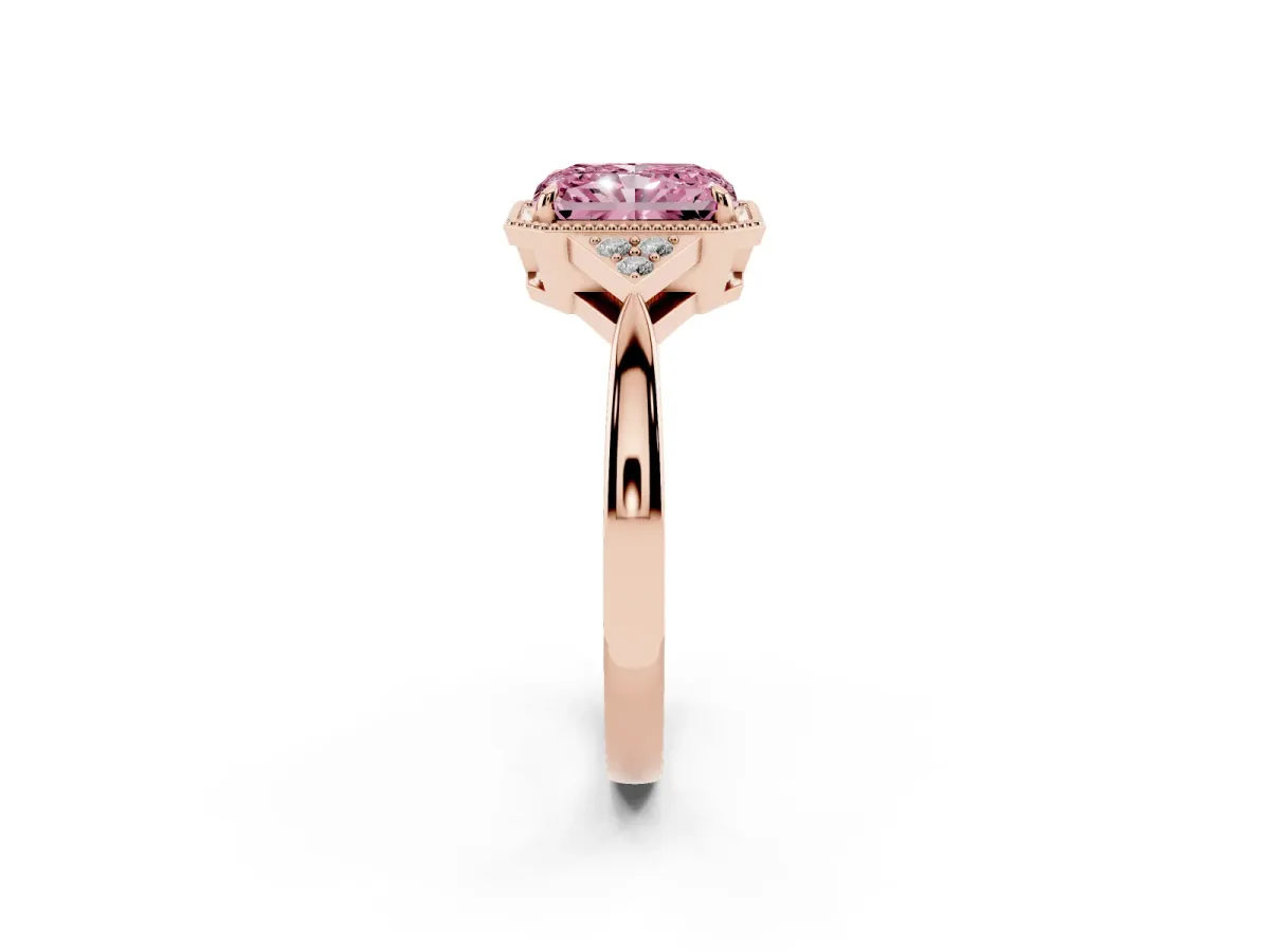 Fancy Pink Hexagonal Halo Radiant Cut Diamond Solitaire with Pavé Band and Four-Prong Setting Rose gold
