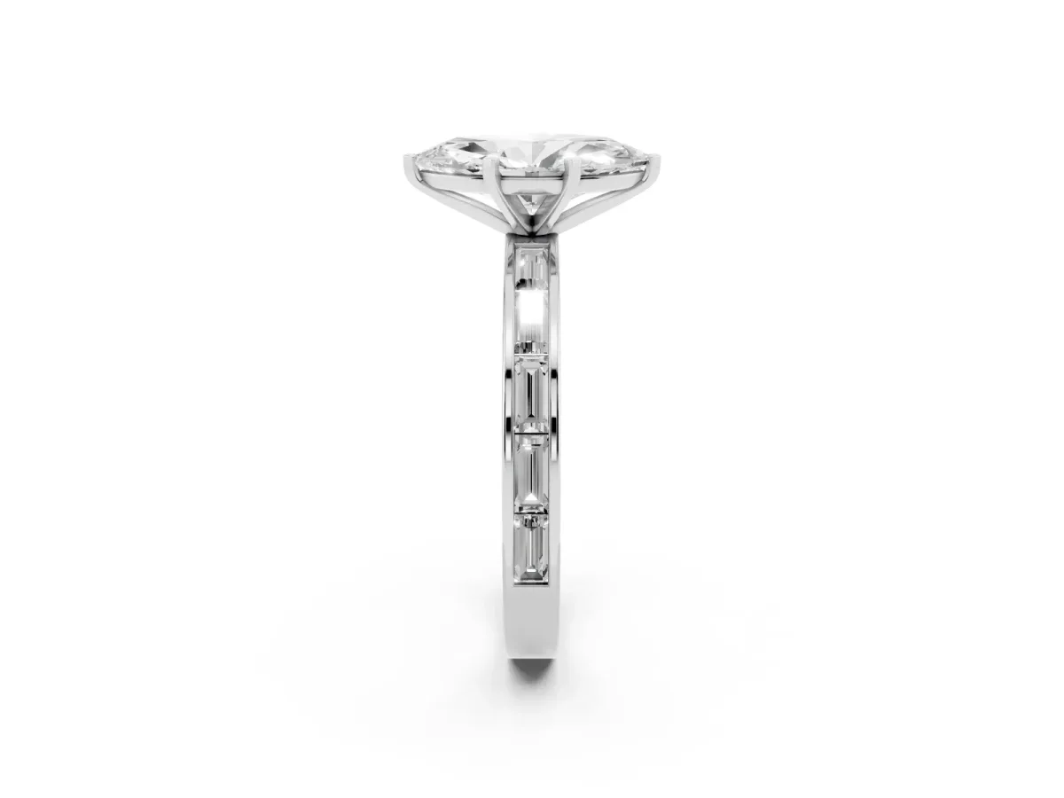 Marquise Cut Solitaire Diamond Ring with Channel-Set Baguette Band and Four-Prong Setting Platinum