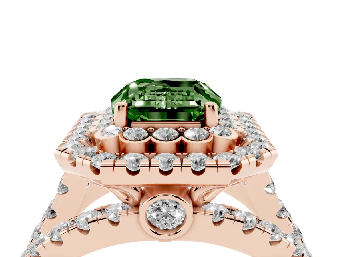 Fancy Green Emerald Cut Diamond Double Halo Ring with Round Pavé Split Shank and Prong Setting Rose gold