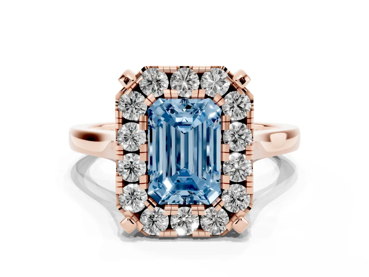 Fancy Blue Emerald Cut Diamond Cluster Halo Solitaire with Four-Prong Setting Rose gold