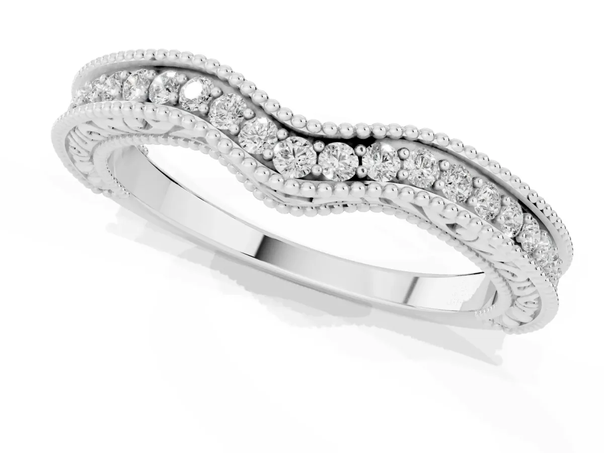 Pave Round Diamond Curved Milgrain Band Silver