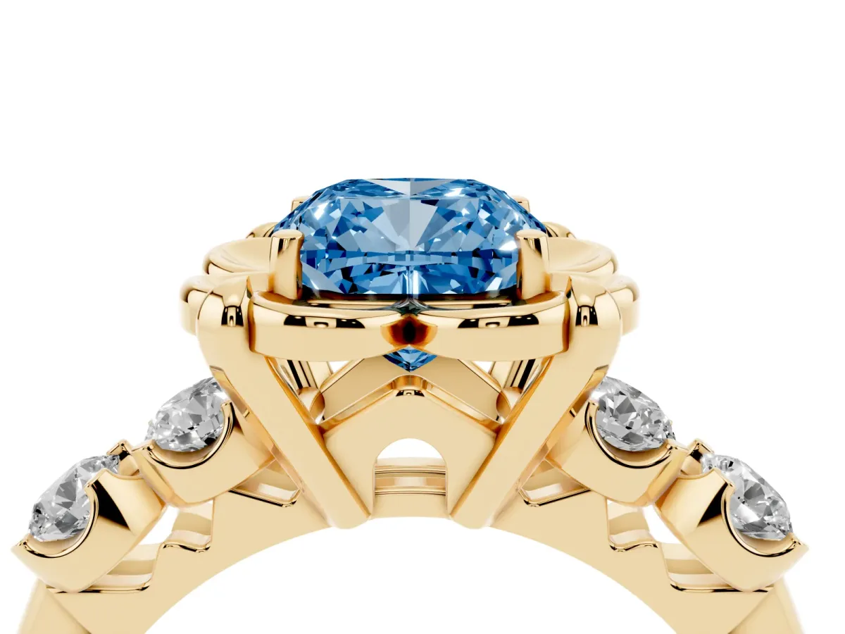 Fancy Blue Cushion Cut Cut Diamond Floral Halo Engagement Ring with Shared Prong Setting Yellow gold