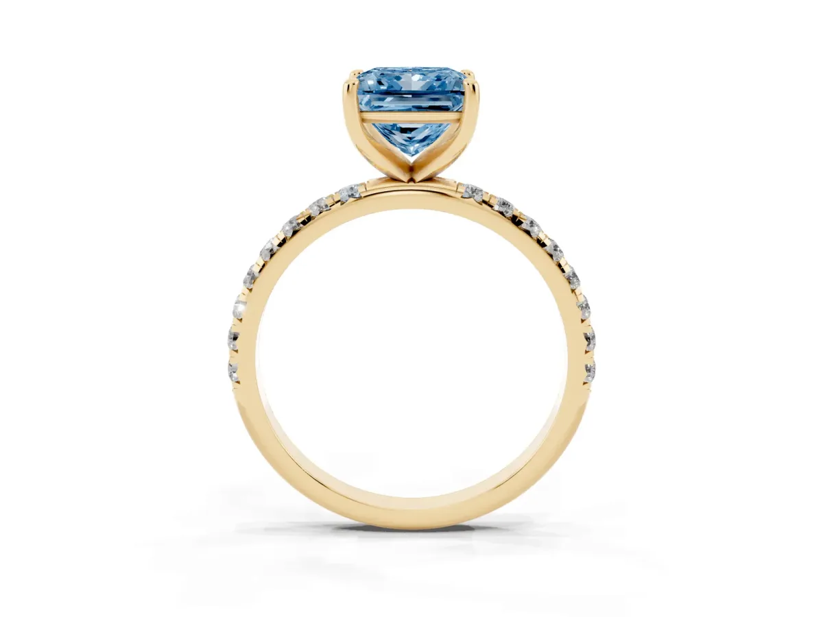 Fancy Blue Princess Cut Cut Diamond Solitaire Ring with Micro Pave Band and Four Prong Setting Yellow gold
