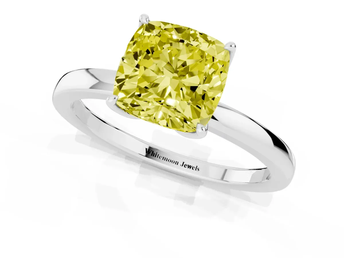 Fancy Yellow Cushion Cut Diamond Solitaire Ring with Thin Band and Prong Setting White gold