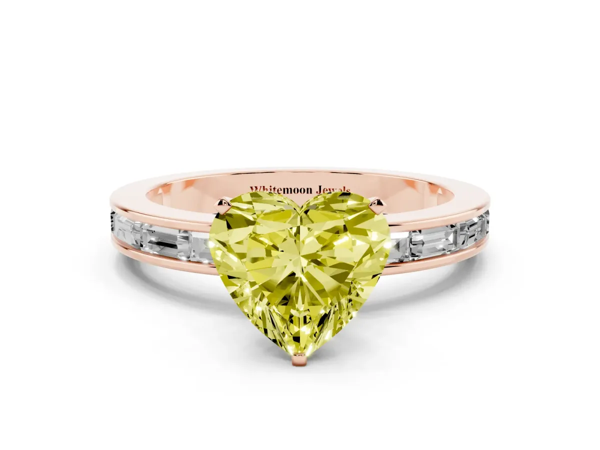 Fancy Yellow Heart Cut Solitaire Diamond Ring with Channel-Set Baguette Band and Four-Prong Setting Rose gold