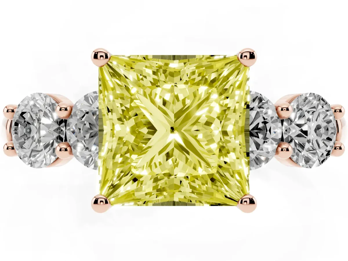 Fancy Yellow Princess Cut Cut Five-Stone Prong Set Diamond Ring with Classic Band Rose gold