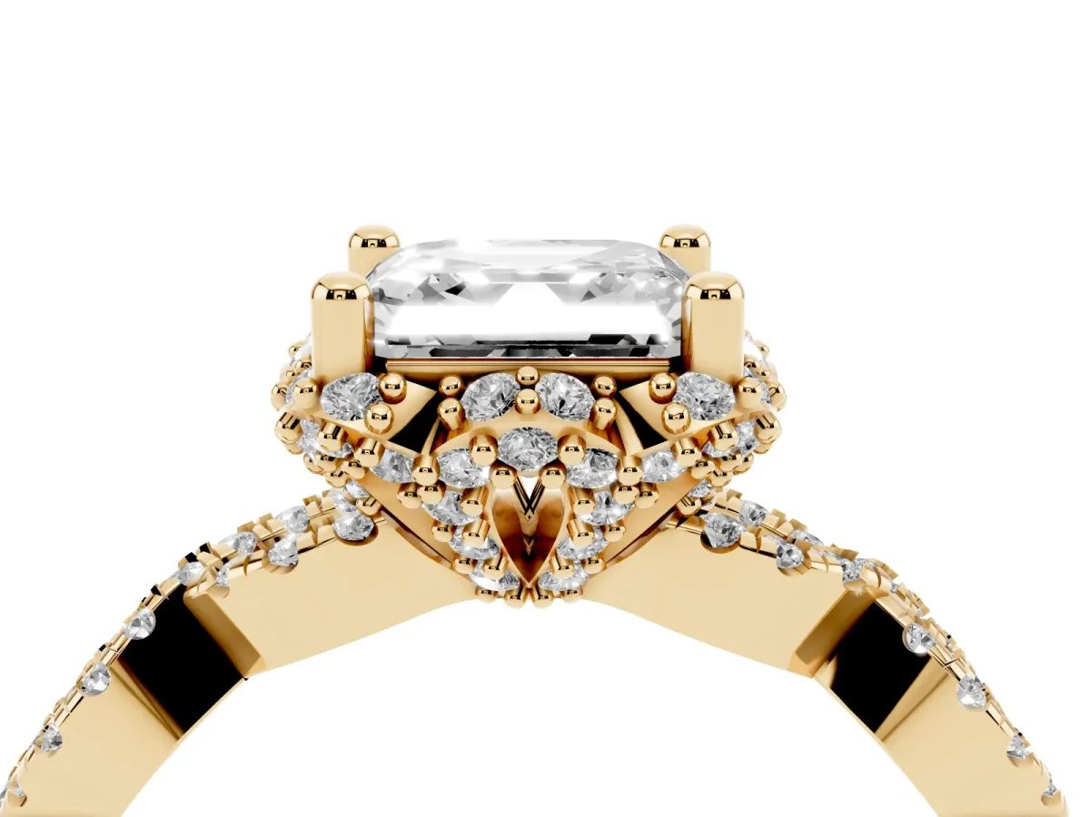 Asscher Cut Halo Twist Band Solitaire Ring with Six-Prong Setting Yellow gold