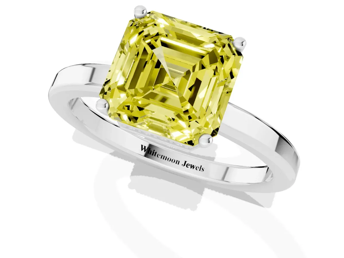 Fancy Yellow Asscher Cut Cut Solitaire Engagement Ring with Four-Prong Setting on a Classic Band Platinum