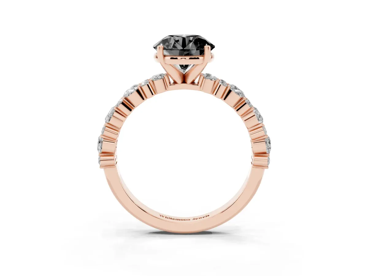 Fancy Black Round Cut Diamond Side Stone Solitaire Ring with Round and Four-Prong Setting Rose gold