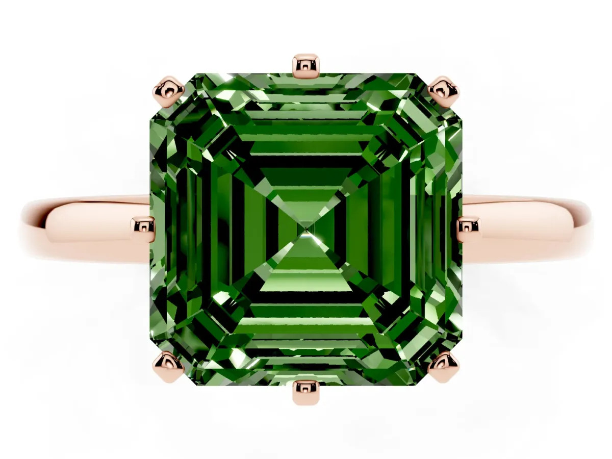 Fancy Green Asscher Cut Solitaire Diamond Ring with Six-Prong Setting on a Classic Band Rose gold