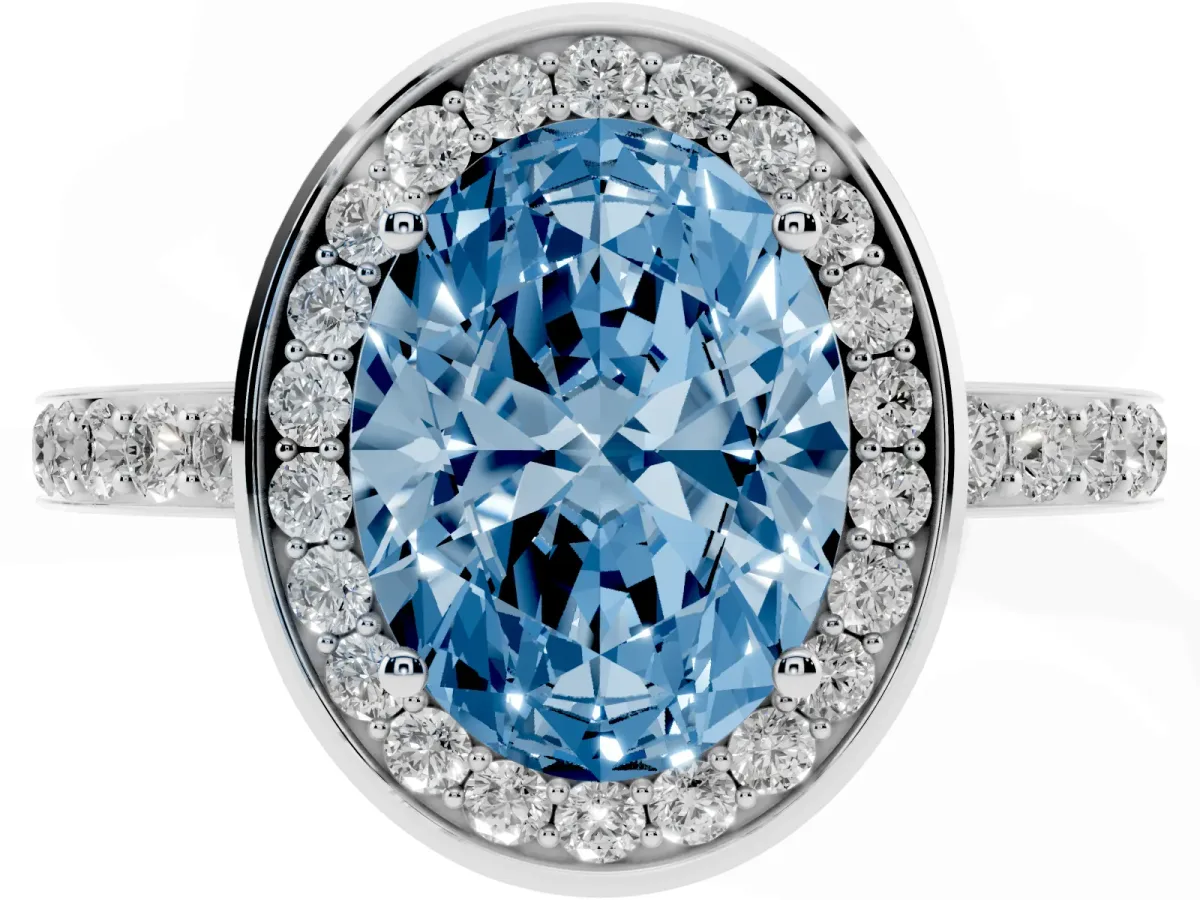 Fancy Blue Oval Cut Diamond Halo Ring with Bezel Frame and Pavé Band Silver