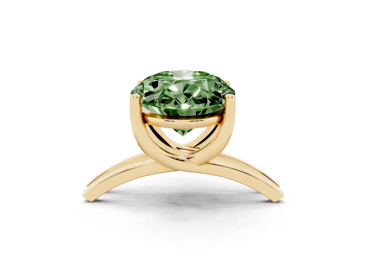 Fancy Green Oval Cut Cut Diamond Solitaire Engagement Ring with Tapered Plain Band and Four-Prong Setting Yellow gold