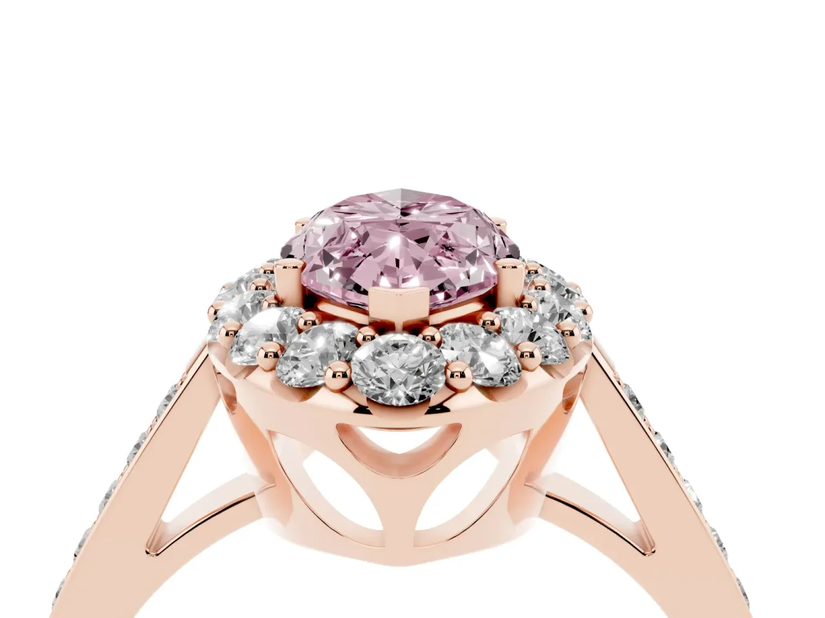 Fancy Pink Marquise Cut Diamond Floral Halo Ring with Pavé Band and Prong Setting Rose gold