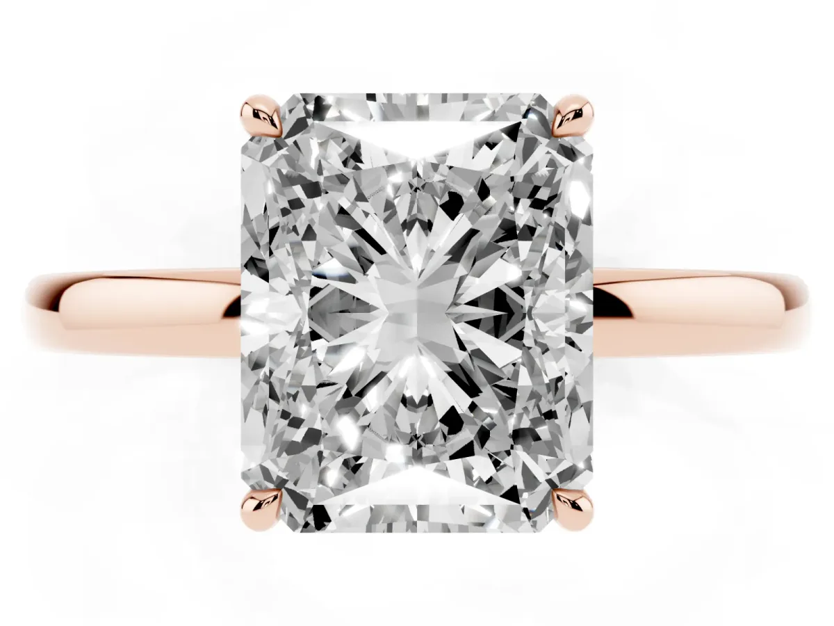 Radiant Cut Solitaire Engagement Ring with Cathedral Band and Four-Prong Setting Rose gold