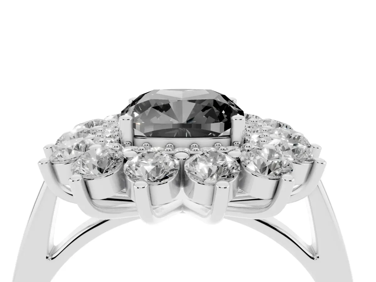 Fancy Black Cushion Cut Diamond Floral Double Halo Engagement Ring with Prong Setting Silver