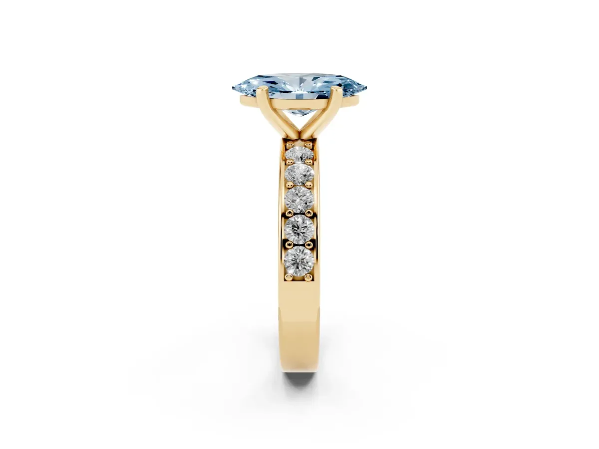 Fancy Blue Marquise Cut Diamond Engagement Ring with Channel Set Round Band and Prong Setting Yellow gold
