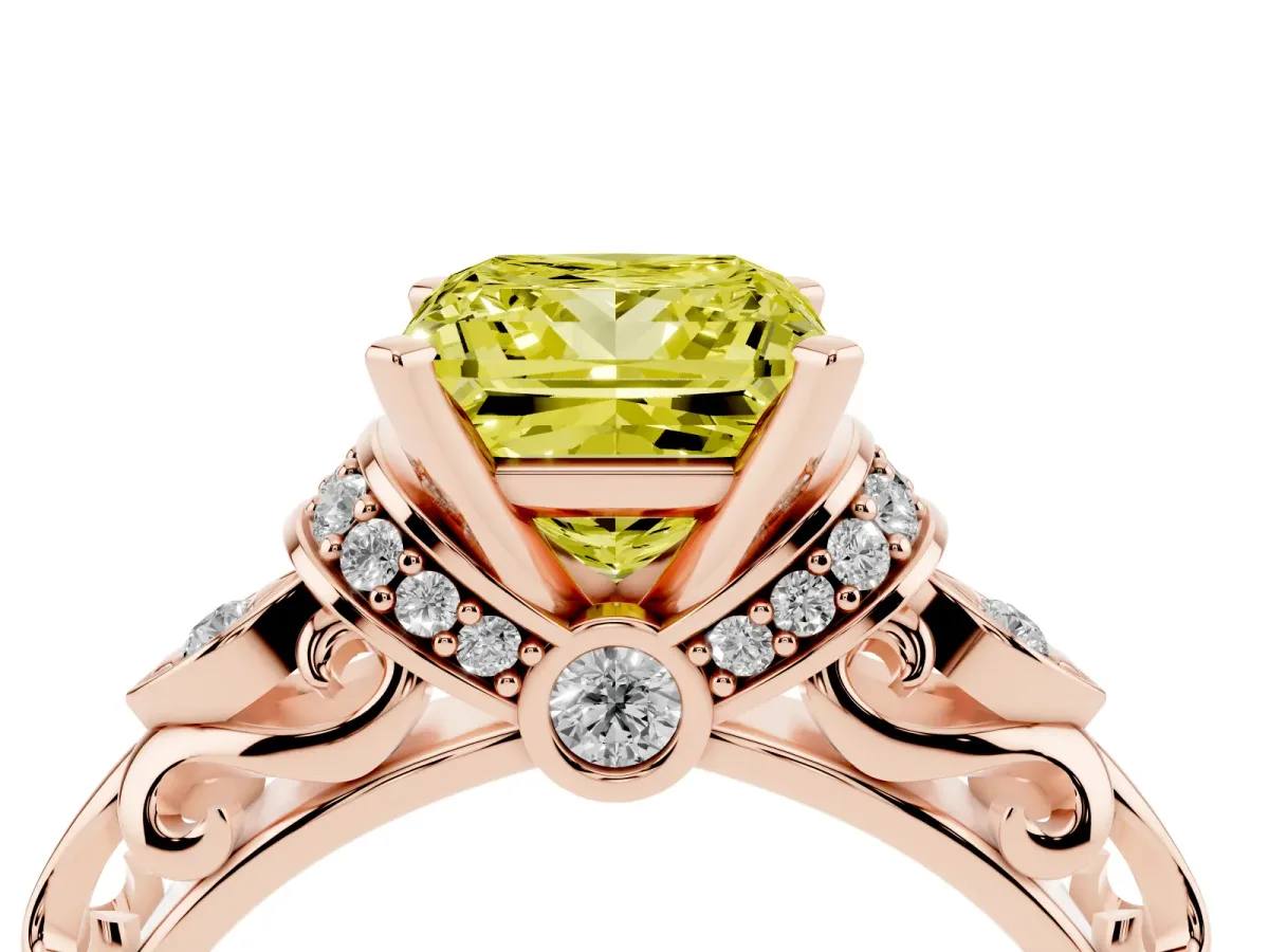 Fancy Yellow Princess Cut Diamond Solitaire Ring with Filigree Band and Four-Prong Setting Rose gold