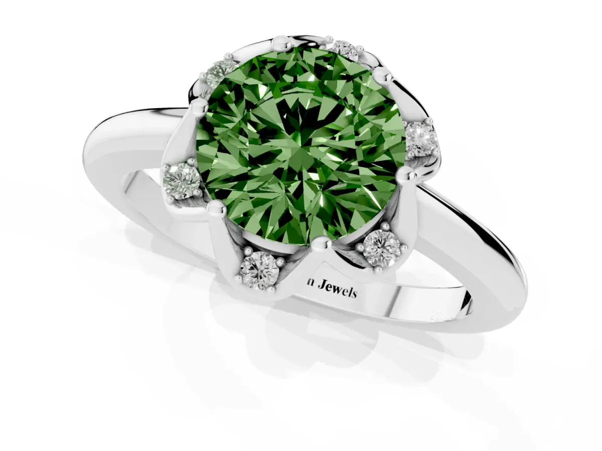 Fancy Green Round Cut Halo Diamond Ring with Round Cluster Setting, Solitaire Band, and Four-Prong Setting Silver