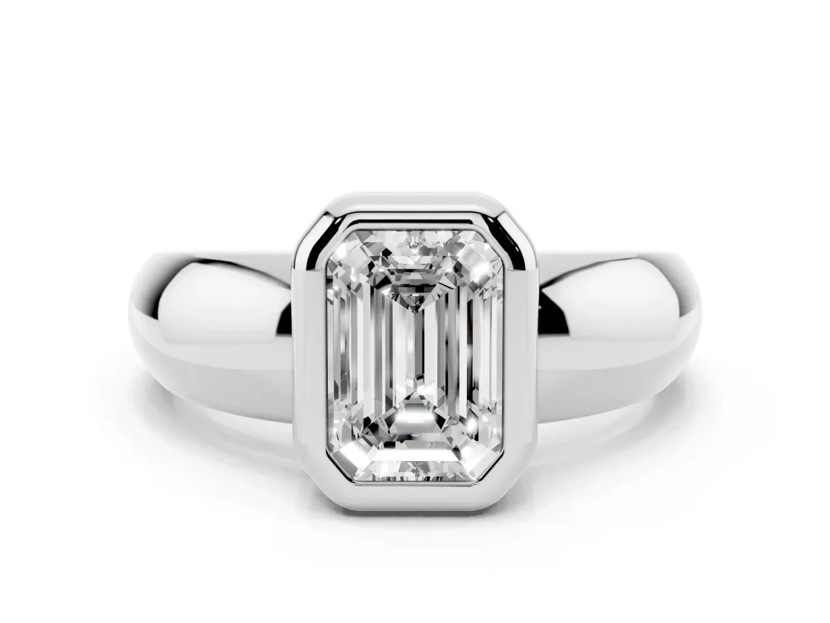 Bezel Set Emerald Cut Solitaire Ring with Wide Band Silver