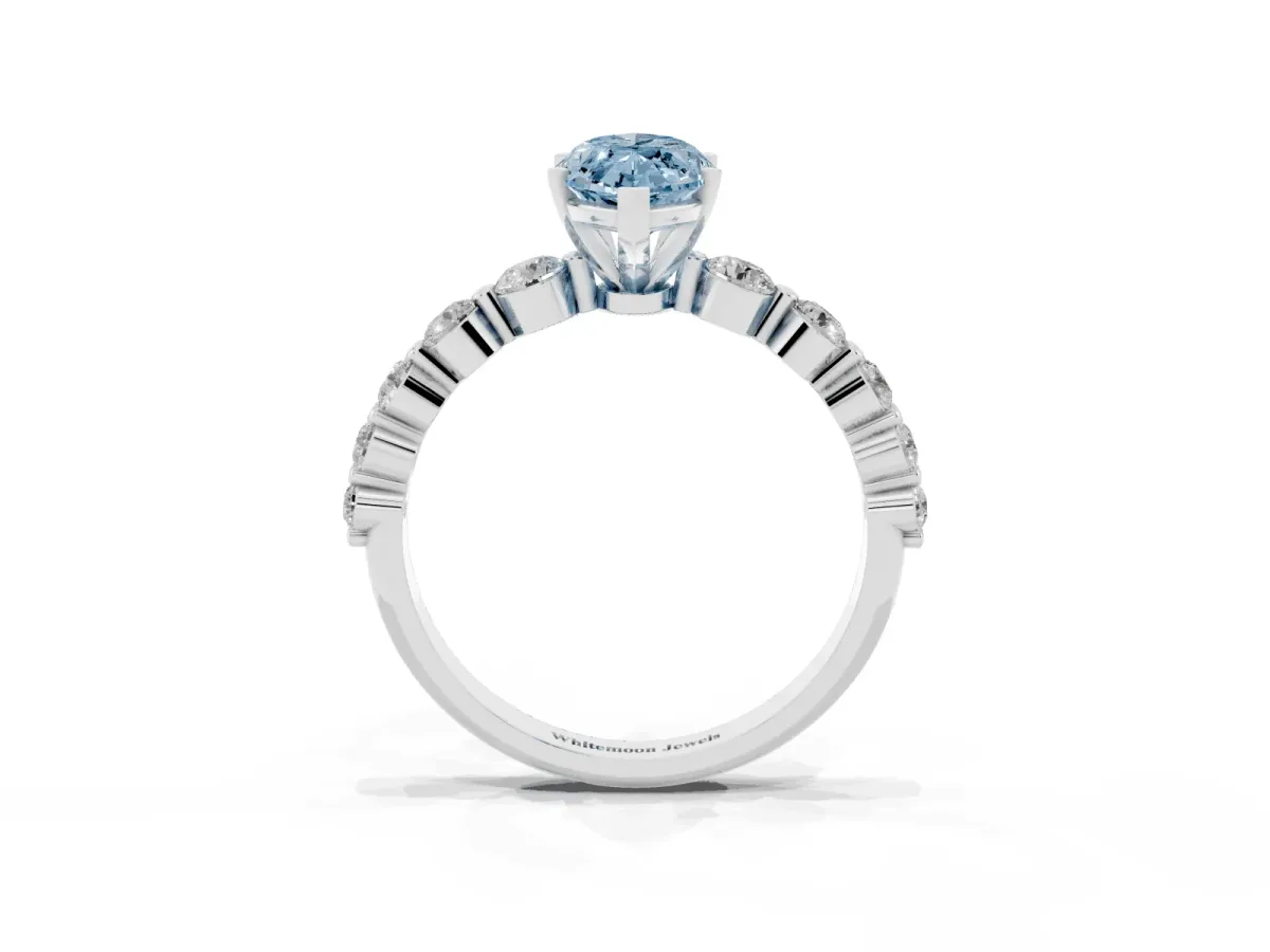 Fancy Blue Marquise Cut Solitaire Diamond Ring with Pave Band and Four-Prong Setting Silver