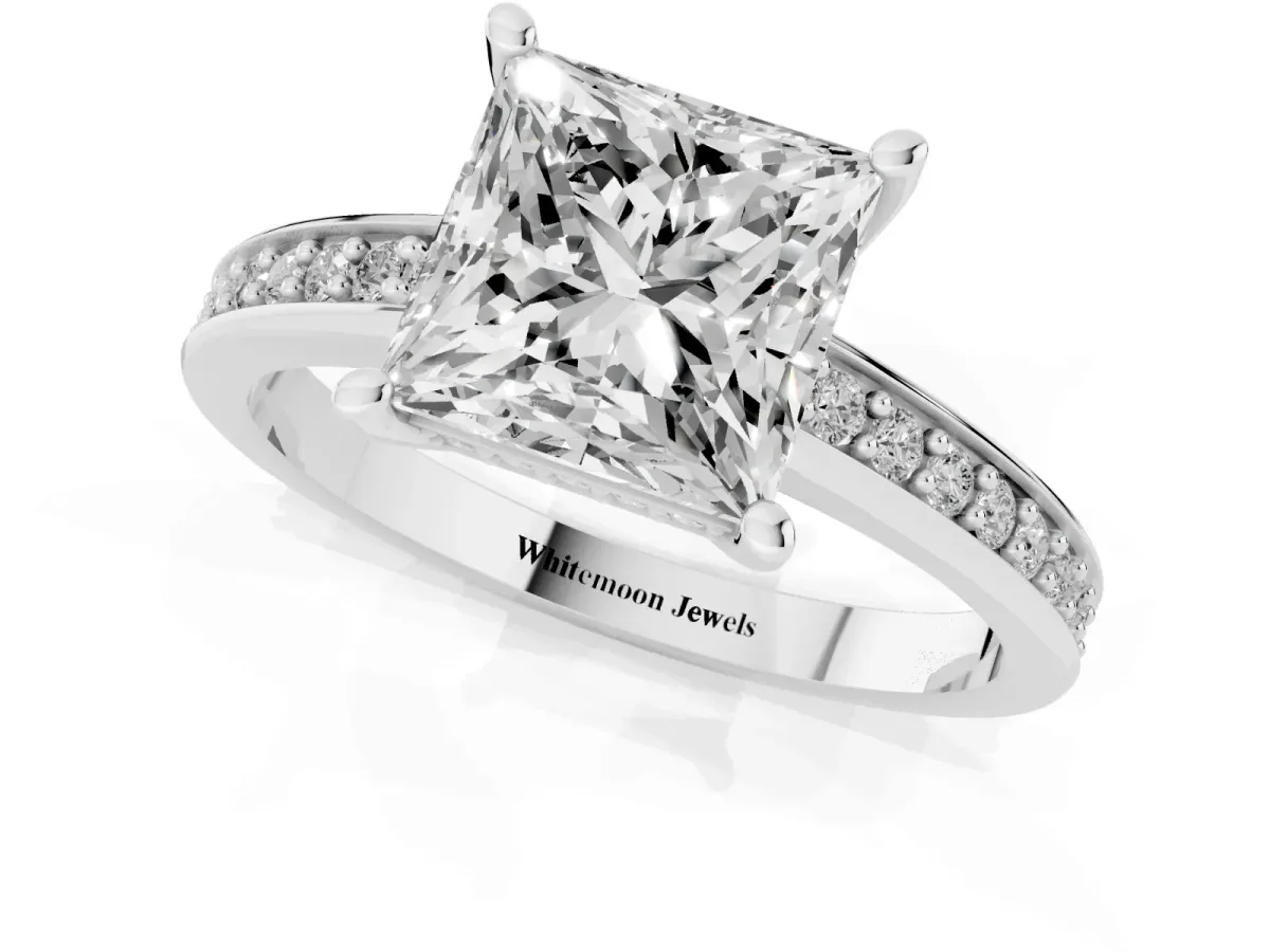 Princess Cut Solitaire Pavé Band Prong Setting Ring Silver