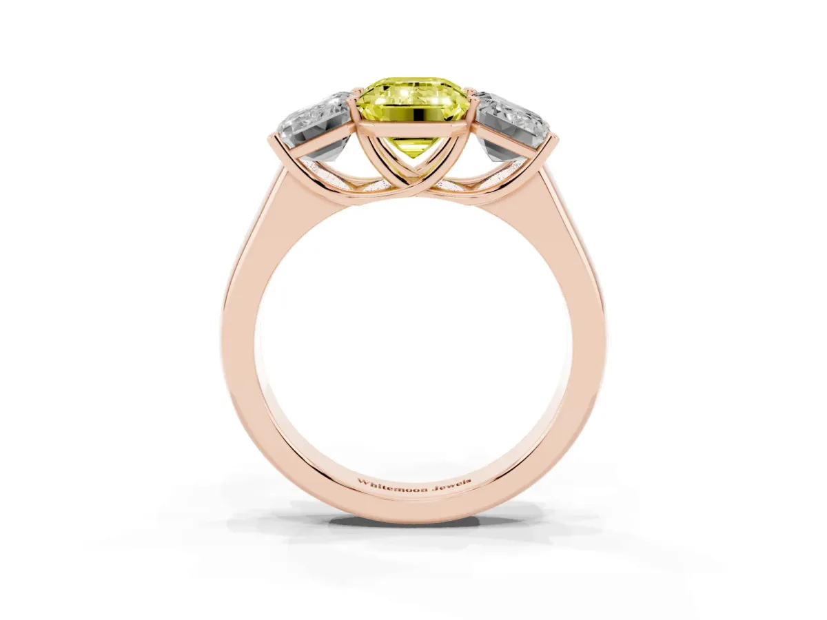 Fancy Yellow Emerald Cut Three-Stone Diamond Ring with Prong Setting on a Classic Band Rose gold