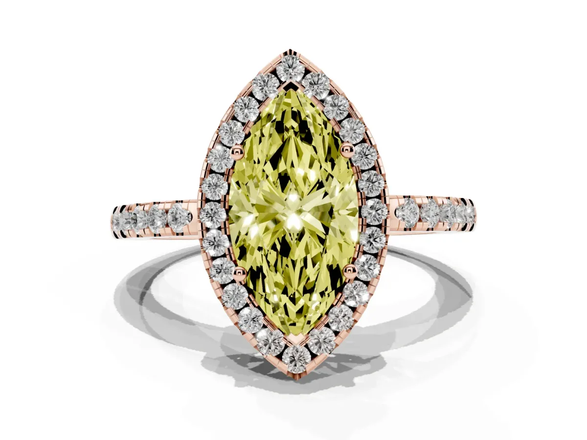 Fancy Yellow Marquise Cut Halo Diamond Engagement Ring with Pavé Band and Four-Prong Setting Rose gold