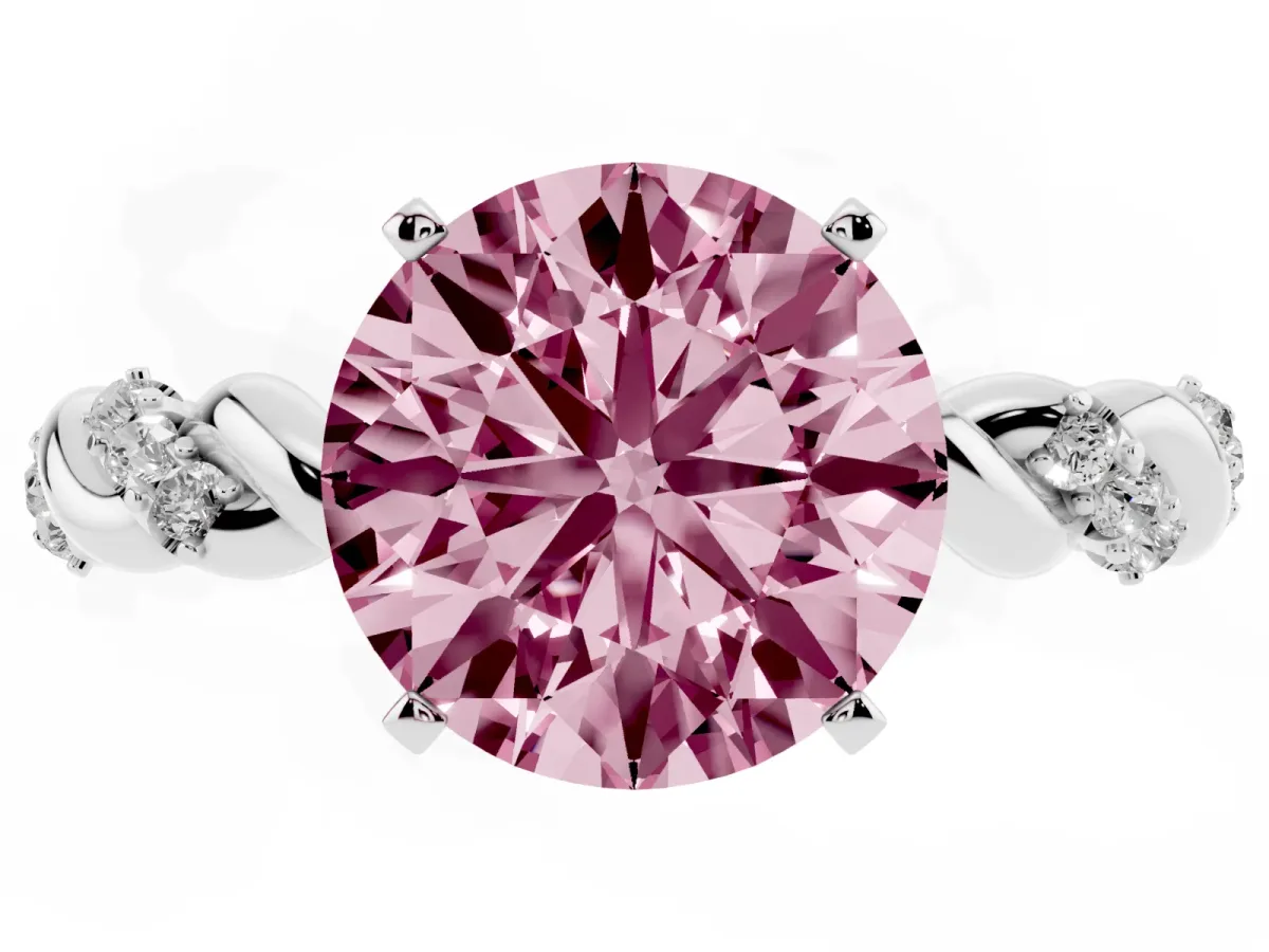 Fancy Pink Round Cut Diamond Solitaire Ring with Twisted Band and Pavé Accents White gold