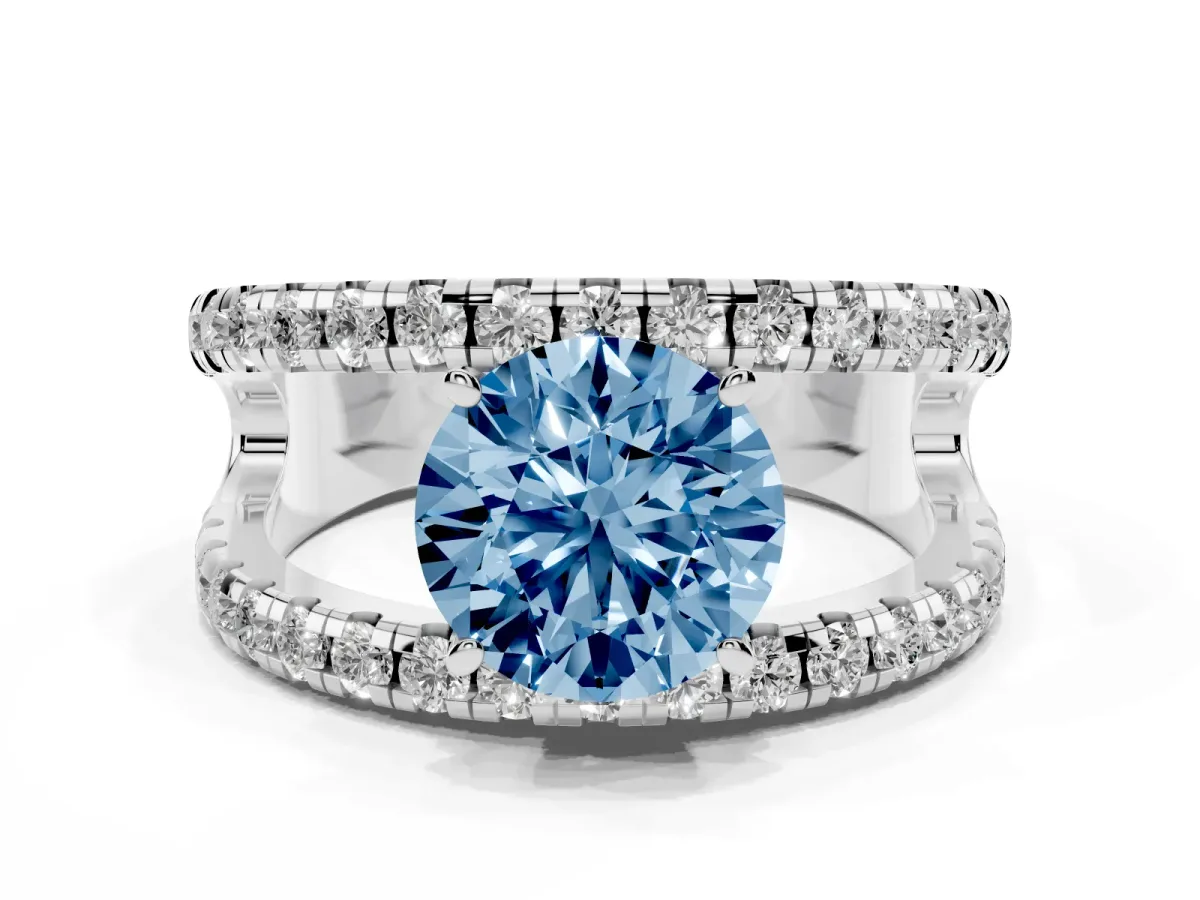 Fancy Blue Round Cut Solitaire Split Shank Pave Diamond Ring Platinum