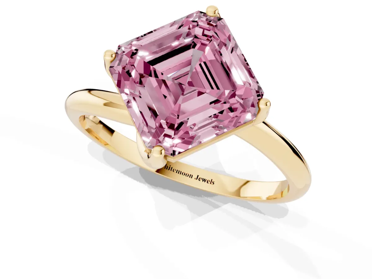 Fancy Pink Asscher Cut Diamond Solitaire Engagement Ring with Four-Prong Setting and Classic Band Yellow gold