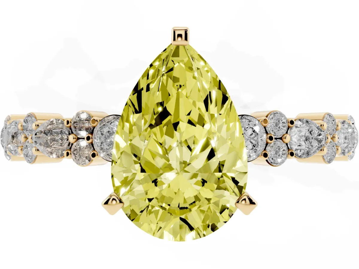 Fancy Yellow Pear Cut Diamond Side Stone Solitaire Ring with Round and Four-Prong Setting Yellow gold